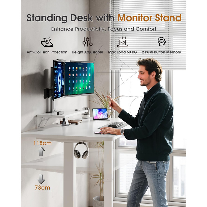 TriumphKey Adjustable Height Standing Desk with Monitor Stand - Electric Ergonomic Desk, 120x60cm White