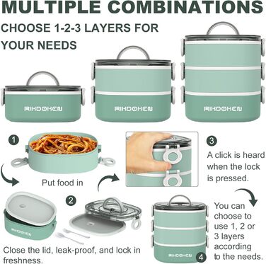 RIKDOKEN Ланчбокс 3-ярусний, 2.7л, з ложкою та виделкою, для дітей та дорослих, зелений