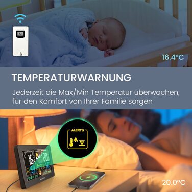 Newentor Weather Station Radio with Outdoor Sensor - Radio Weather Station with Weather Forecast, Temperature Warning, DCF Radio Clock - Battery and Mains Powered, Black