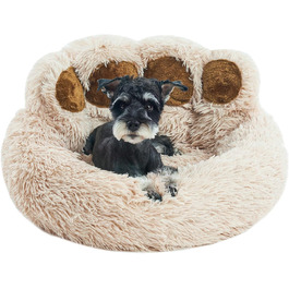 Jiupety Pet Round Dog Bed in Paw Shape, Soothing Donut Dog Bed, Faux Fur Cat Bed, Medium Size. The diameter is 56cm, comfortable and soft, machine washable (L 66 cm x W 66 cm x H 20 cm, Camel)