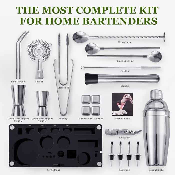 Sliver 23-Piece Stainless Steel Cocktail Shaker Set with Acrylic Stand & Recipe Book - Professional Bartender Bar Tools for Drinks, Whiskey Stones
