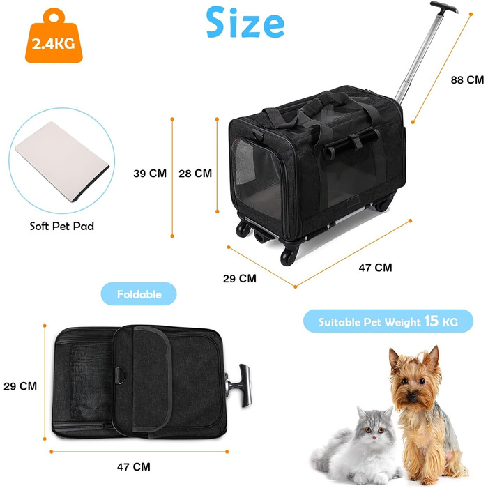 Переноска для тварин ALLSOPETS з колесами для котів та собак, схвалена для авіаперельотів, з висувним ручками, знімними колесами та плечовим ременем, сіра