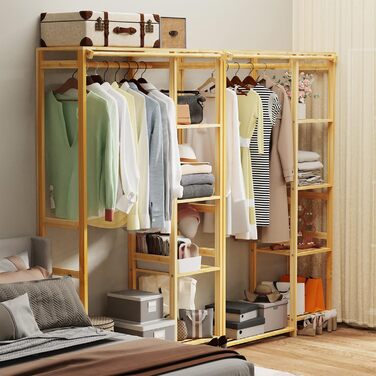 Bamboo Clothes Rack, Coat Stand with Shelves, Laundry Rack with Curtain and Clothes Rail, 90x30x146.6cm
