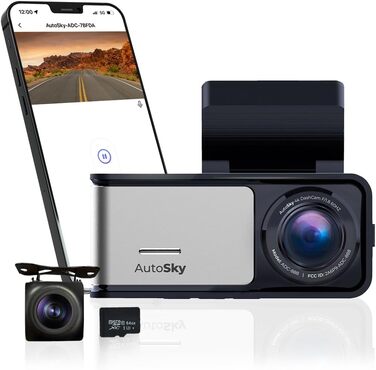 Відеореєстратор AutoSky 4K Dual GPS WiFi з двома камерами: фронтальна 4K Ultra HD, задня 1080P, широкий кут 140°, G-сенсор, циклічна та часова зйомка, нічне бачення, детекція руху