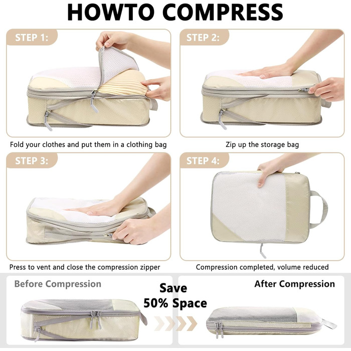 Набір органайзерів для валізи POWZOO (8 шт.) - компресійні кубики для одягу та взуття, бежевий