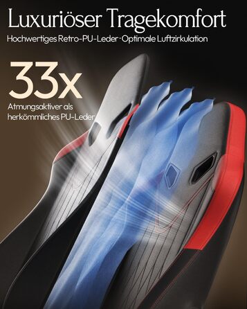 Ігровий крісло Dowinx з масажем, ергономічний дизайн, підтримка попереку та шиї, до 135 кг, шкіра, для дорослих (червоний)