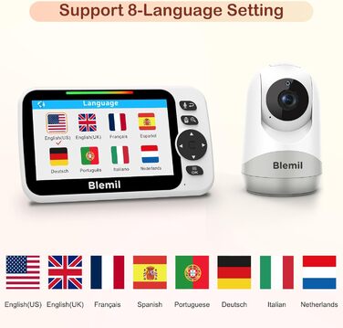 Дитячий відеоняня з камерою, аудіо, акумулятором 30 годин, 5-дюймовий екран, дистанційне керування поворотом/нахилом/зумом, двосторонній зв'язок, нічне бачення, без WiFi BL9052