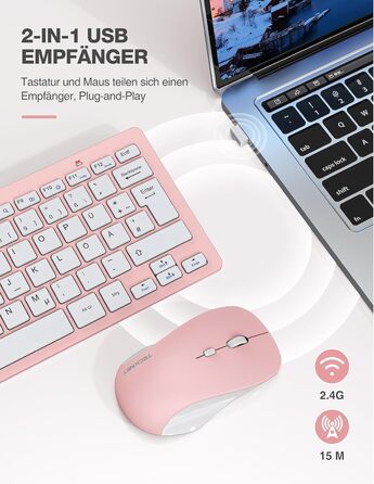 TECKNET Бездротова Клавіатура та Миша, QWERTZ, 2.4 GHz, 15м, Безшумна, для ПК, Ноутбука, Smart TV, Біла (Рожева)