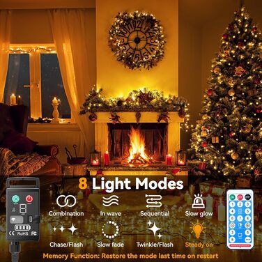 Льодосвітна гірлянда на батарейках, 10м, 100 LED, вологостійка IP44, 8 режимів, з пультом, таймер, для декору саду, вечірки, Нового року
