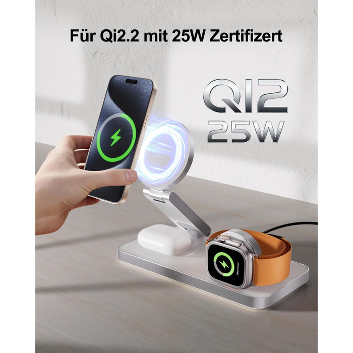 Бездротова зарядна станція 3-в-1 з Qi2.2 25W для Apple Watch та iPhone (Magsafe) + адаптер 35W (Біла)