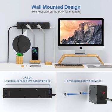 Мережевий фільтр Steckdoseleiste з індивідуальним керуванням, 5 розеток, 1 USB-C та 3 USB-A, захист від перенапруги (3680W/16A), дитячий замок, 3M кабель, чорний