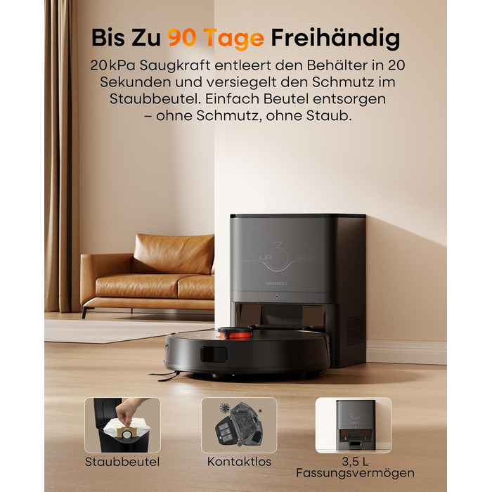 Робот-пилосос з функцією миття 7000Pa, з базою самостійної очистки 3.5L, час роботи 180 хв, LiDAR навігація, для прибирання шерсті тварин, килимів та твердих підлог, керування через додаток, чорний