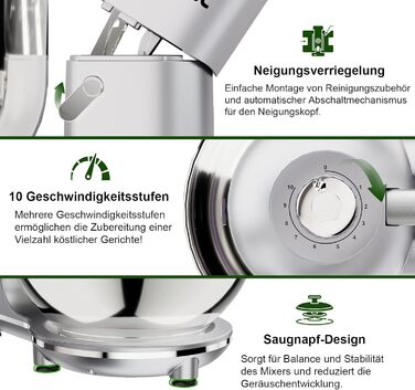 Кухонна машина Camic 2000W: планетарний міксер з чашею з нержавіючої сталі 7л, 10 швидкостями, набором насадок та захистом від бризок, сріблястий