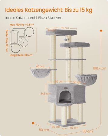 Декілька поверхів, великий котячий будиночок Feandrea, XXL, 55 x 55 x 186,7 см, товсті сизалеві стовпи (11 см), для великих котів (наприклад, Мейн-кун), сірий та чорний котячий будиночок, PCT008G02