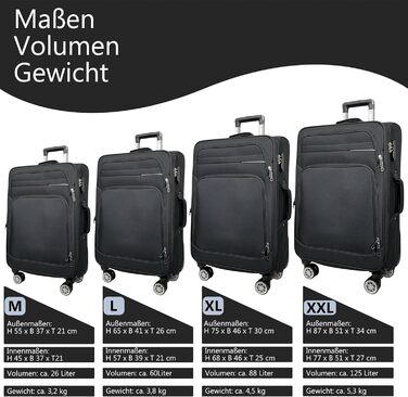 Чемодан-ролер Stoff з можливістю розширення, 4 колеса (M/L/XL/XXL або набір 4 шт.), м'який, великий (75 см), чорний