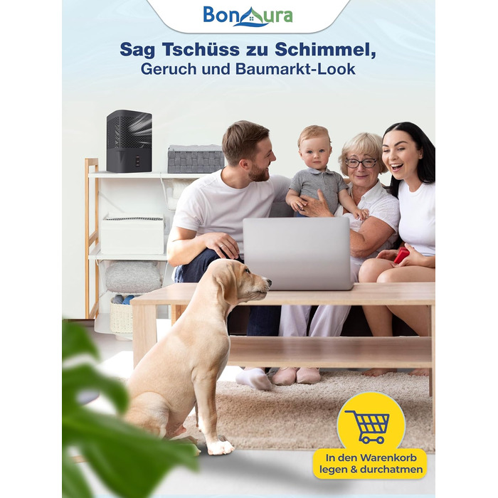 BonAura® Безструменевий осушувач повітря - для підвалів, ванних кімнат та інших приміщень - 680г осушувального грануляту в комплекті - Осушувач повітря, захист від плісняви, Titanium Grey