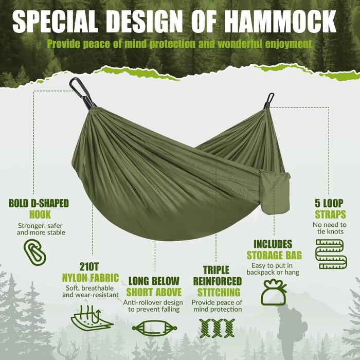Легка гамак для відпочинку на природі | Гамак для кемпінгу та подорожей, 300 кг, дихаючий, швидковисихаючий, нейлон, 270x140 см