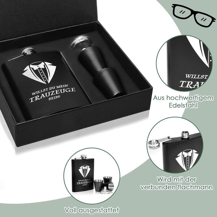 Фляга для друга нареченого з гравіюванням, 8oz, чорна, з 4 стаканчиками та воронкою, подарункова коробка, нержавіюча сталь, для весілля