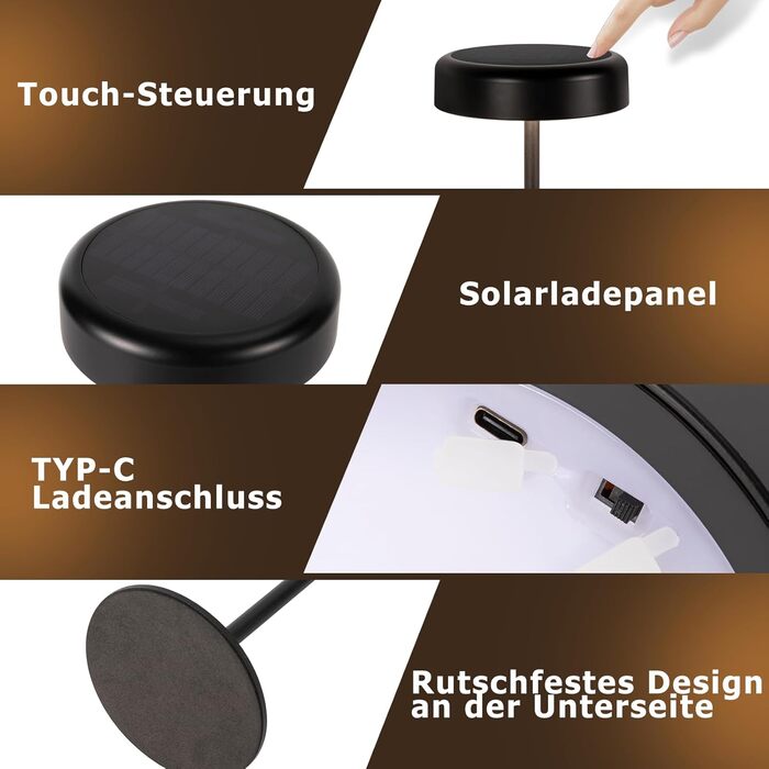 Настільна лампа на сонячній батареї з акумулятором LED, 2 шт, чорна. Бездротова, з димером, USB зарядка, IP44 для дому та вулиці