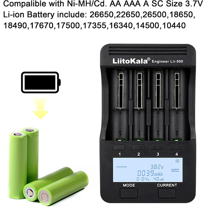 Зарядний пристрій LiitoKala Lii-500 для Li-ion, LiFePO4, Ni-MH/Cd акумуляторів 18650/21700/26650/AA/AAA/C/9V з LCD-дисплеєм