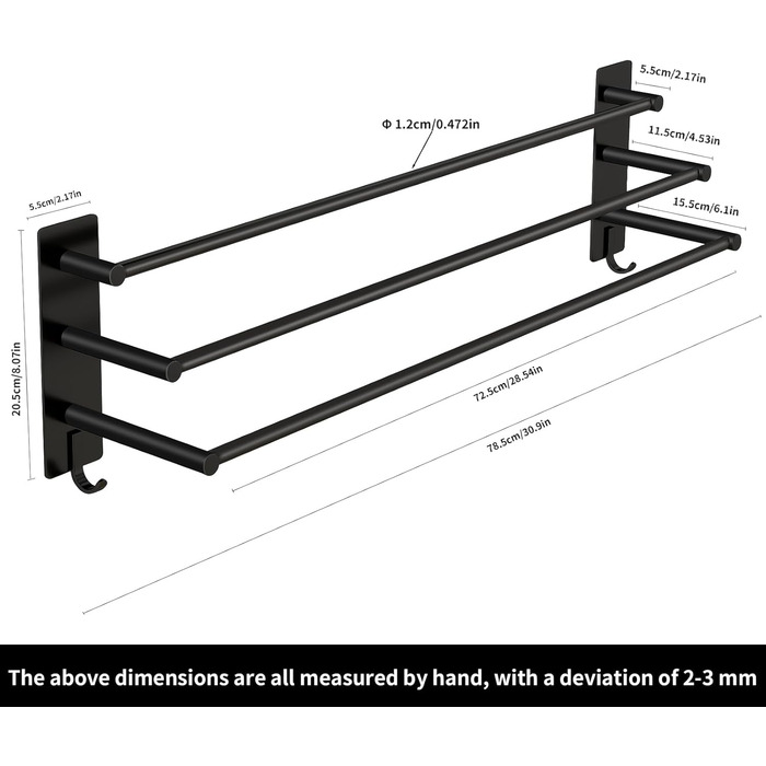 Тримач для рушників Vista з 3-ма перекладинами без свердління, SUS304 нержавіюча сталь, сріблястий, з двома гачками, 75 см, для кухні, ванної, спальні