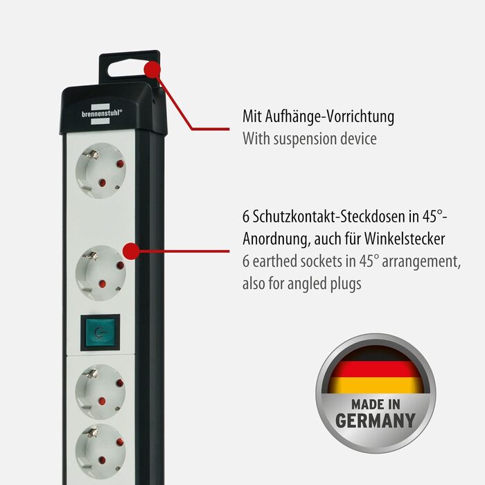 Бренненштуль Premium-Line Розподільний блок 6 розеток з вимикачами та 3м кабелем (монтаж на стіну), чорний/сірий, Made in Germany