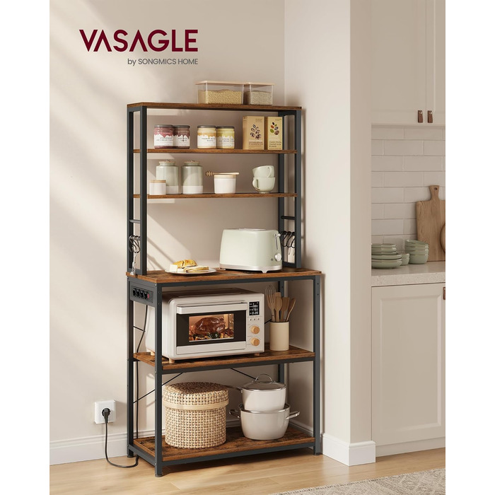 Стелаж кухонний VASAGLE з розетками, 6 полиць, гачки, сталевий каркас, 40x60x167 см, колір горіх + білий