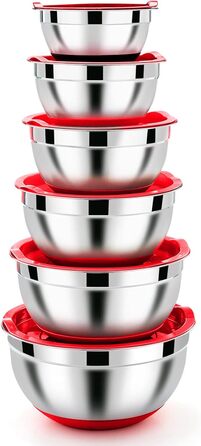 Homikit Mixing Bowls, 6-Piece Stainless Steel Bowl Salad Bowl Set with Airtight Lid & Silicone Bottom, Nesting, Dishwasher Safe, 4.6 L / 2.8 L / 2.5 L / 1.6 L / 1.2 L / 0.7 L, Red