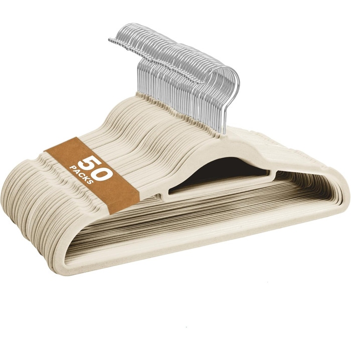 Набір велюрових вішалок для одягу, 50 шт. з органайзером для краваток, обертові гачки, кремовий колір