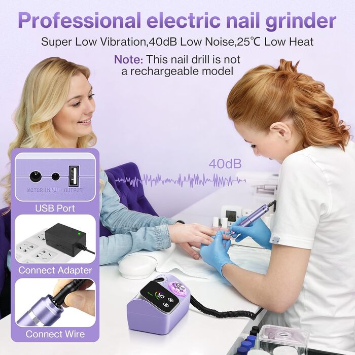 Електрична шліфувальна машинка для нігтів (нагельфрайзер) з LCD-дисплеєм, 45000 об/хв, професійний набір для манікюру та педикюру з мультифункціональною базою та сенсорним керуванням, фіолетовий