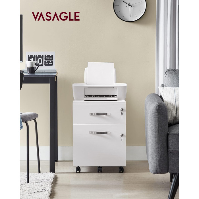 VASAGLE мобільний офісний контейнер з замком, 2 шухляди, 5 роликів, регульовані напрямні для підвісних папок A4/Letter, білий