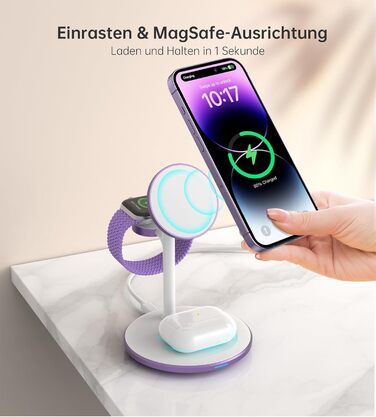 3-в-1 Бездротова Зарядка для Багатьох Пристроїв: iPhone, iWatch, AirPods (15W, MagSafe, Lila)