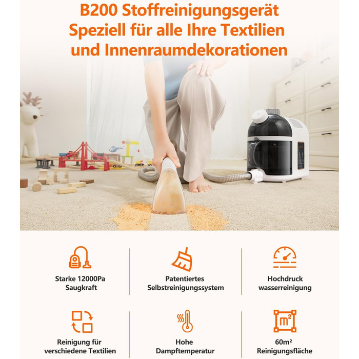 UWANT Теперішній пилосос для килимів, для диванів, килимів, м'яких меблів, мокрий/сухий пилосос з сильною потужністю всмоктування 12000Pa, 70dB (B200-білий-з щіткою для прасування)