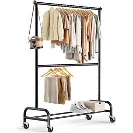MISSLO Heavy-Duty Clothes Rack Double, Metal Clothes Rod on Wheels Stable Mobile Coat Rack for Coats, Shirts (White) (Black)