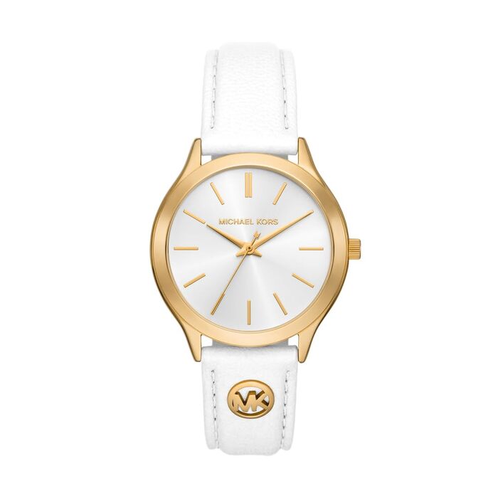 Жіночий годинник Michael Kors Slim Runway: кварцовий механізм, 38 мм, шкіряний ремінець (Золотистий та Білий)