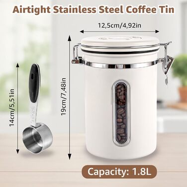 Контейнер для кави 1800 мл з прозорим вікном, з нержавіючої сталі, з ложкою, білий, для кавових зерен, чаю, горіхів, какао