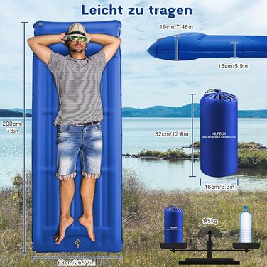 MILFECH Килимок для кемпінгу самонадувний, 14 см, з інтегрованими подушками та насосом для ніг, ультралегкий, водонепроникний, для відпочинку на природі, зелений (блакитний)