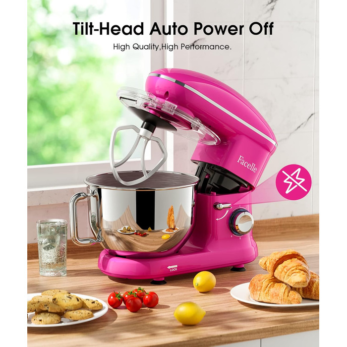 Кухонна машина Facelle 1500W з нержавіючою чашею 6.2L, 6 швидкостей, з міксером, гаком для тіста та вінчиком, захистом від бризок (фіолетова)