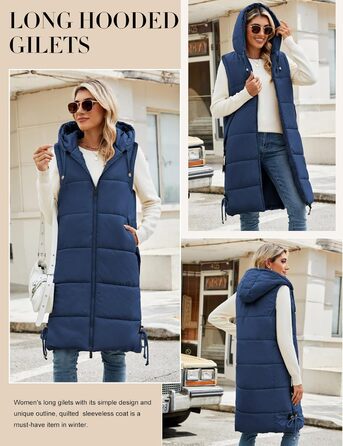 Жіноча довга стьобана жилетка Vancavoo з капюшоном, тепла зимова жилетка, довга жилетка (Морська синя, S)