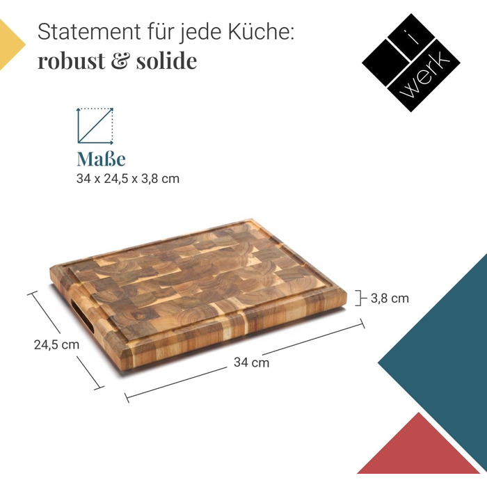 iWerk® – Kitchen block made from brainwood 34 × 24.5 cm | High-quality solid wood | Butcher block made from sustainable acacia wood | Discover oiled wooden cutting boards for kitchen & gastronomy
