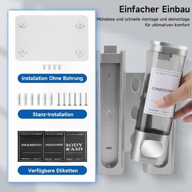 Настінний диспенсер для мила та гелю для душу з 3-ма камерами, 300 мл, ABS пластик, без свердління, для готелю та дому (срібний)
