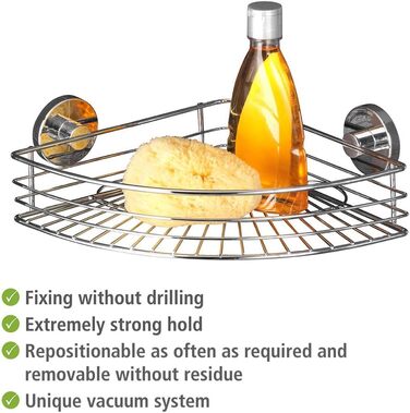 WENKO Vacuum-Loc Corner Shelf Bari, Corner Wall Shelf, Mounting without Drilling with Vacuum, Chrome-plated Metal, 35 x 9 x 22.5 cm