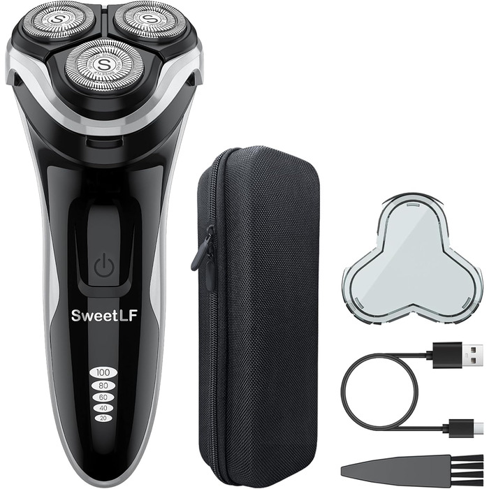 Електричний гоління SweetLF [2023 Neu] для чоловіків з 3D-головкою, LED-дисплеєм, 3 змінні насадки та зарядним пристроєм, IPX7 водостійкий, чорний колір, з екіпіровочним кейсом
