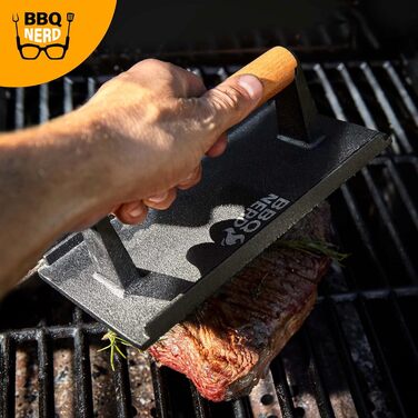 Прес для м'яса з чавуну з дерев'яною ручкою, 18 см, круглий - прес для бургерів, гриль-прес, вага для BBQ, м'яса, бекону, сиру, сендвічів. Діаметр 18 см, круглий (21 x 11 см - квадратний, чорний)