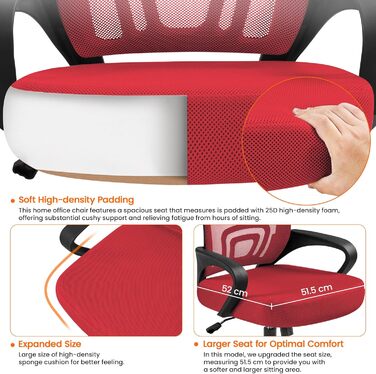 Офісне крісло Yaheetech ергономічне з сітчастою спинкою та підлокітниками, поворотне, для начальника, з функцією гойдання, регульоване по висоті, до 136 кг, червоне