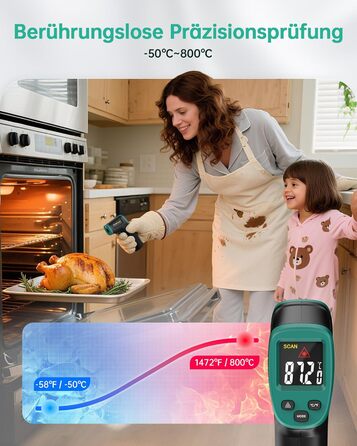 Інфрачервоний термометр ERICKHILL -50℃~800℃: безконтактний лазерний вимірювач температури з LCD-дисплеєм, регульована емісійність. Підходить для приготування їжі, грилю, заморожування, промисловості.