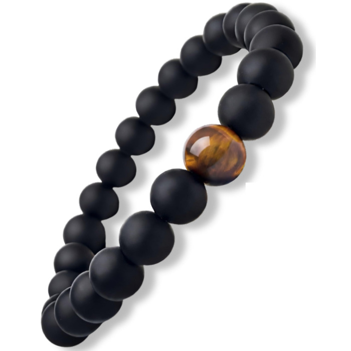 Браслет чоловічий 9 O'Clock Perlenarmband з оніксу 8мм, еластичний, ручна робота (Німеччина), з тигровим оком (чорно-коричневий)