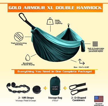 Гамак подвійний Gold Armour XL для кемпінгу та відпочинку (бірюзово-морський) з ременями для кріплення