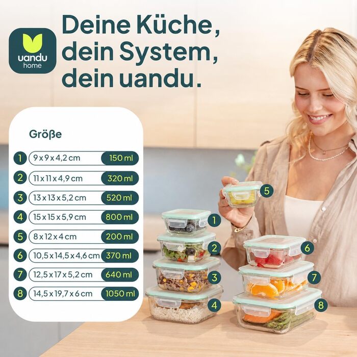 Набір скляних контейнерів Uandu з кришками 24 шт, Borosilicate glass, для зберігання їжі та Meal Prep, зелений колір