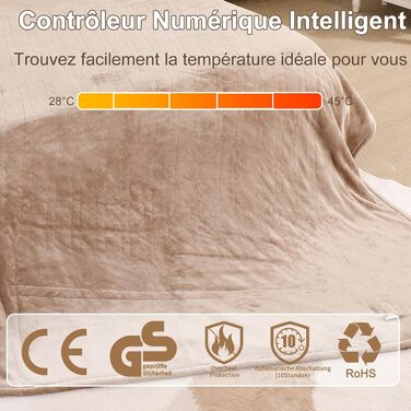 Електрична ковдра COZYTY 150x200 см з таймером та захистом від перегріву, фланель, 6 режимів нагріву, машинне прання (Бежева)